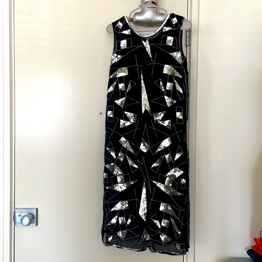 Silk Party Dress Sleeveless with Silver Sequins Geo pattern very unique